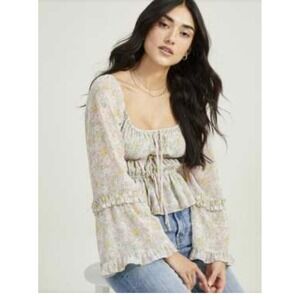 Altar'd State Pastel Floral Bell Sleeve Blouse Smocked Cottagecore Fairycore XS